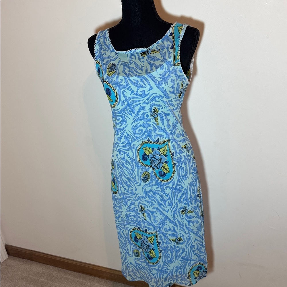 Betsey Johnson Blue & Aqua Swirl Top with White Crochet Trim - Picture 2 of 4